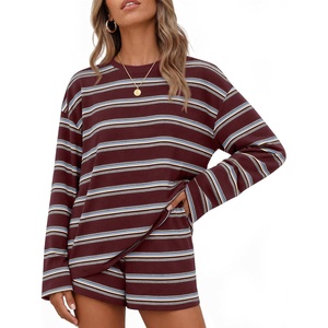 ZESICA Womens 2 Piece Striped Short Sets Fall Lounge Outfit | Long Sleeve Tops and Shorts, Loose Fit, Comfy Matching Sets, Cute Pajamas, Airport Travel Clothes(Burgundyred)