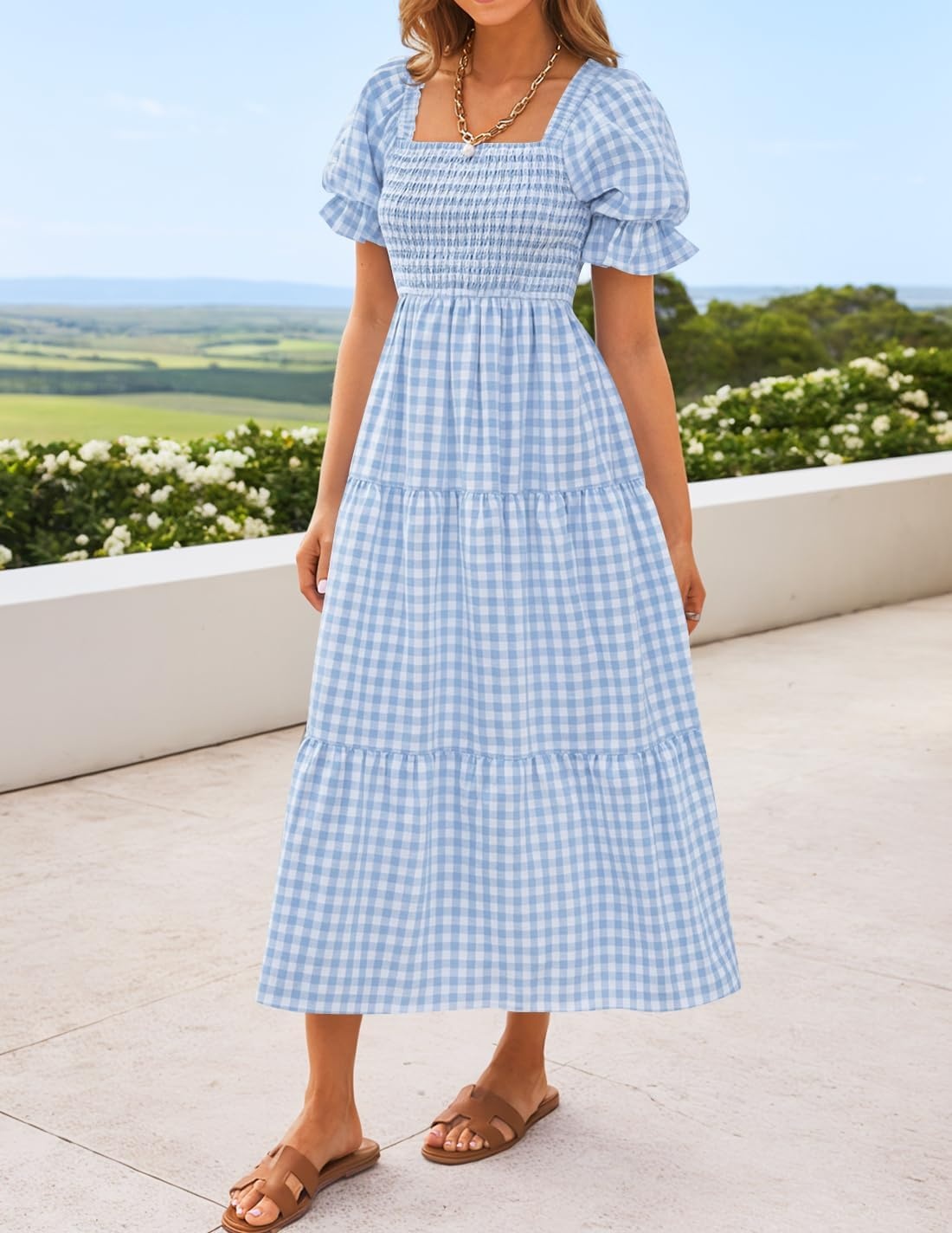 image:imageZESICA Womens Summer Boho Gingham Puff Sleeve Square Neck Beach Midi Dress 2026 Casual Bohemian Flowy Swing A Line Vintage Baby Shower Cottagecore Maternity Plaid Tea Party DressesLightblue