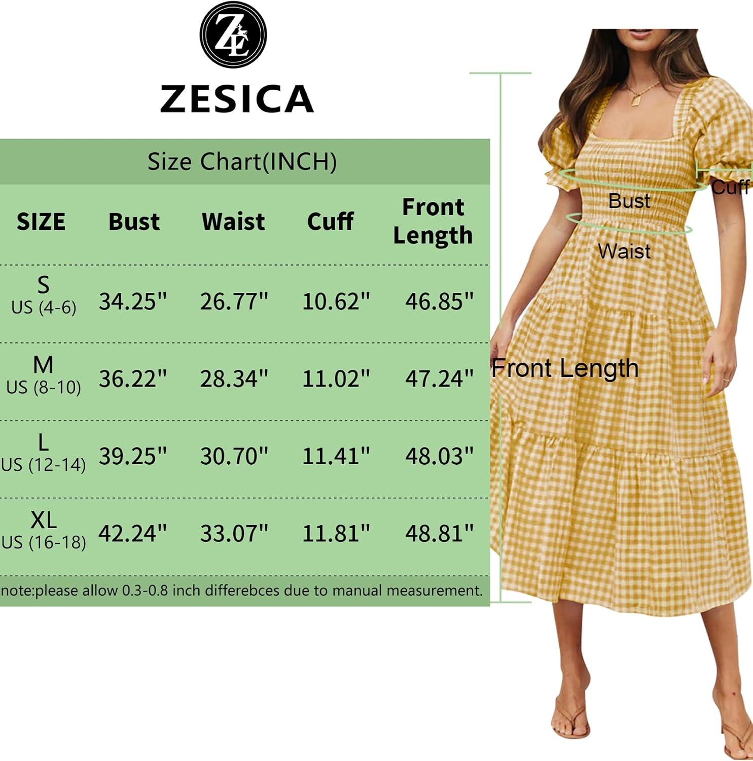 image:imageZESICA Womens Summer Boho Gingham Puff Sleeve Square Neck Beach Midi Dress  2026 Casual Bohemian Flowy Swing A Line Vintage Baby Shower Cottagecore Maternity Plaid Tea Party DressesGinger