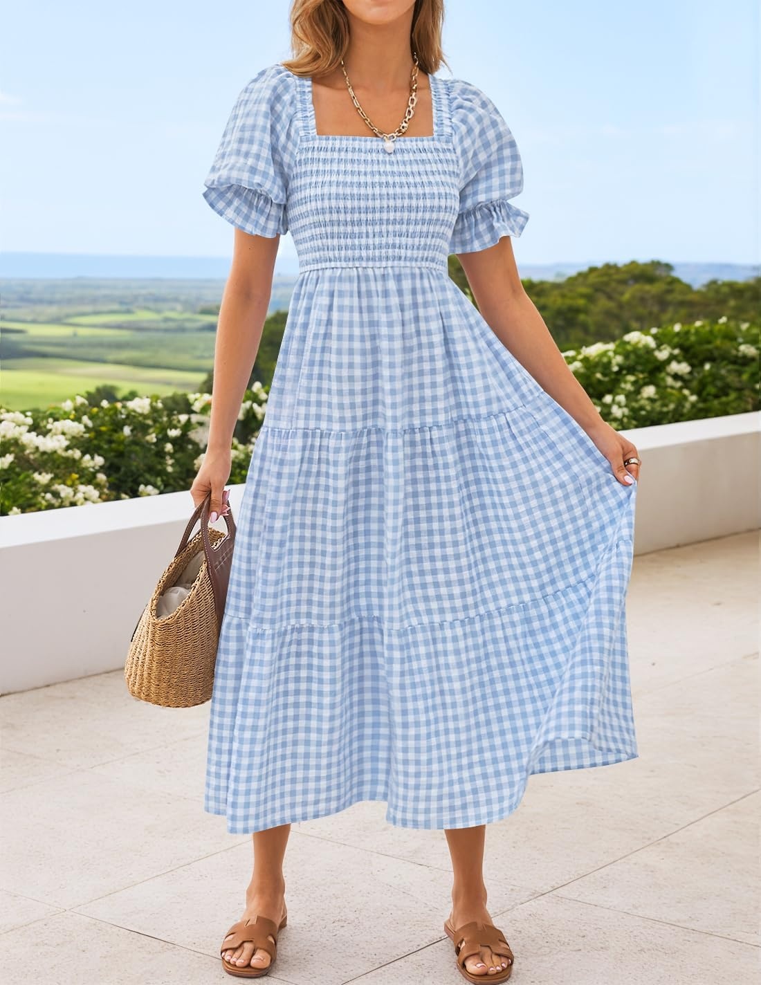 image:imageZESICA Womens Summer Boho Gingham Puff Sleeve Square Neck Beach Midi Dress 2026 Casual Bohemian Flowy Swing A Line Vintage Baby Shower Cottagecore Maternity Plaid Tea Party DressesLightblue