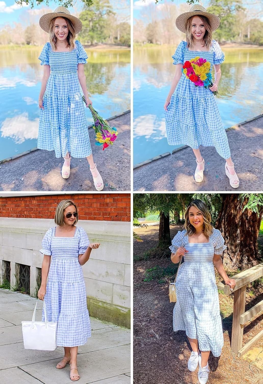 image:imageZESICA Womens Summer Boho Gingham Puff Sleeve Square Neck Beach Midi Dress 2026 Casual Bohemian Flowy Swing A Line Vintage Baby Shower Cottagecore Maternity Plaid Tea Party DressesLightblue