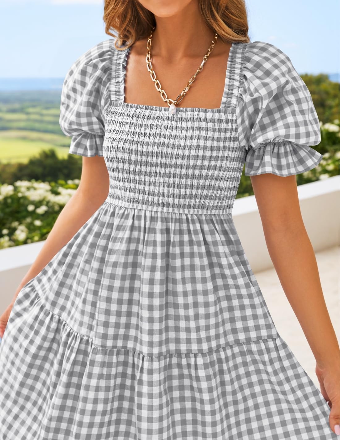 image:imageZESICA Womens Summer Boho Gingham Puff Sleeve Square Neck Beach Midi Dress  2026 Casual Bohemian Flowy Swing A Line Vintage Baby Shower Cottagecore Maternity Plaid Tea Party DressesGrey