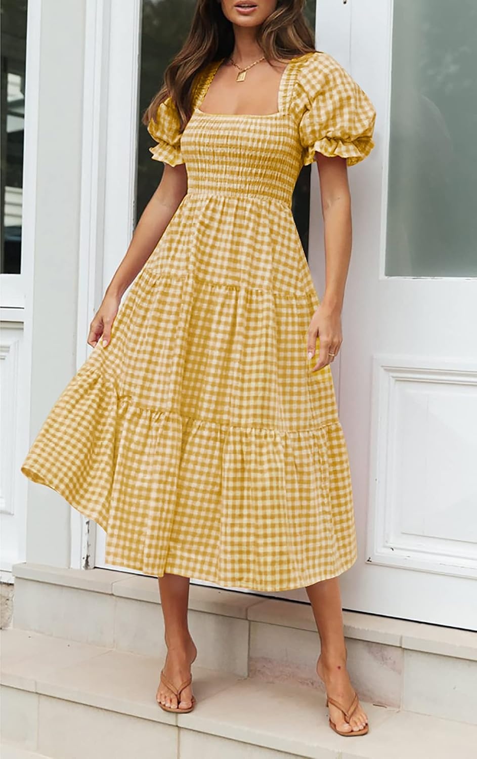 image:imageZESICA Womens Summer Boho Gingham Puff Sleeve Square Neck Beach Midi Dress  2026 Casual Bohemian Flowy Swing A Line Vintage Baby Shower Cottagecore Maternity Plaid Tea Party DressesGinger