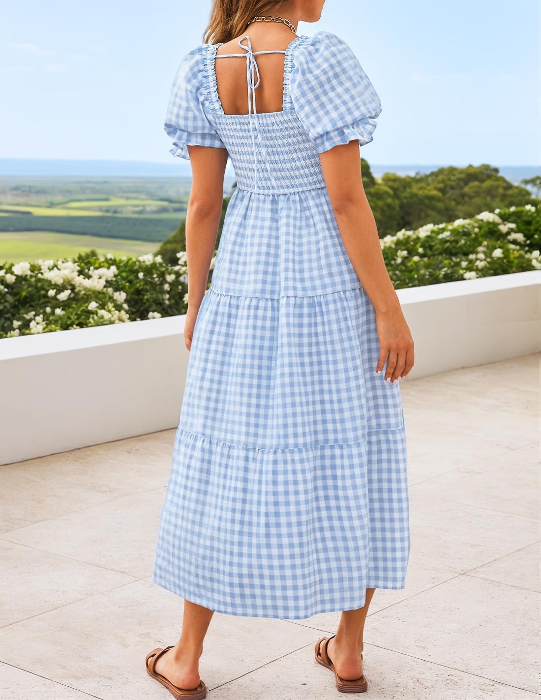image:imageZESICA Womens Summer Boho Gingham Puff Sleeve Square Neck Beach Midi Dress 2026 Casual Bohemian Flowy Swing A Line Vintage Baby Shower Cottagecore Maternity Plaid Tea Party DressesLightblue