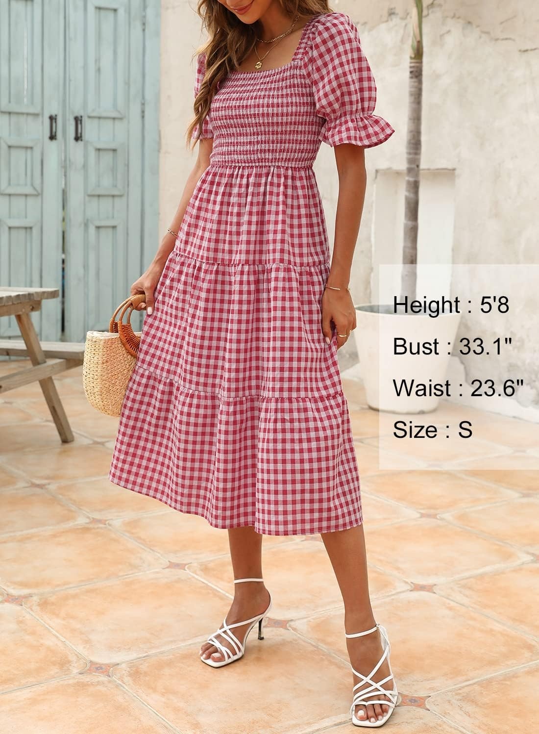 image:imageZESICA Womens Summer Boho Gingham Puff Sleeve Square Neck Beach Midi Dress 2026 Casual Bohemian Flowy Swing A Line Vintage Baby Shower Cottagecore Maternity Plaid Tea Party DressesRed
