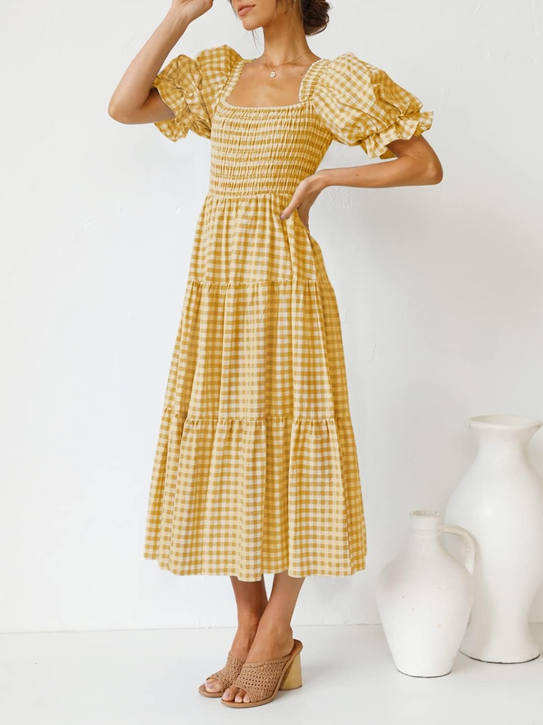 image:imageZESICA Womens Summer Boho Gingham Puff Sleeve Square Neck Beach Midi Dress  2026 Casual Bohemian Flowy Swing A Line Vintage Baby Shower Cottagecore Maternity Plaid Tea Party DressesGinger