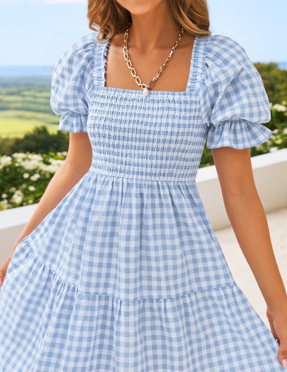 image:imageZESICA Womens Summer Boho Gingham Puff Sleeve Square Neck Beach Midi Dress 2026 Casual Bohemian Flowy Swing A Line Vintage Baby Shower Cottagecore Maternity Plaid Tea Party DressesLightblue