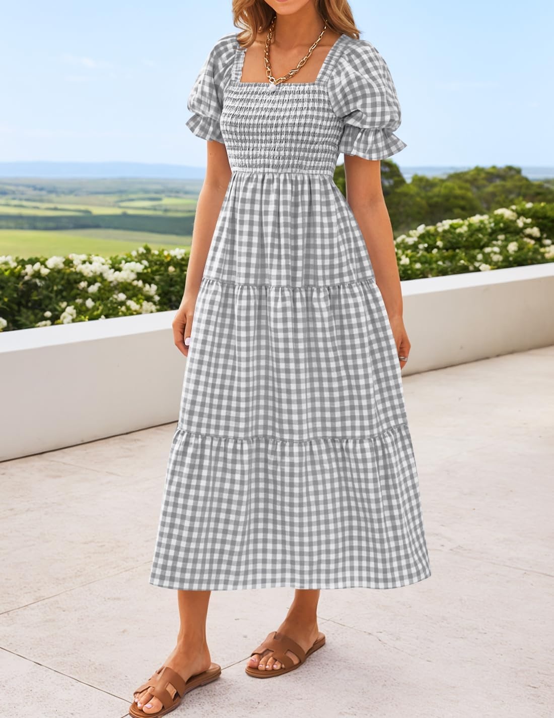 image:imageZESICA Womens Summer Boho Gingham Puff Sleeve Square Neck Beach Midi Dress  2026 Casual Bohemian Flowy Swing A Line Vintage Baby Shower Cottagecore Maternity Plaid Tea Party DressesGrey
