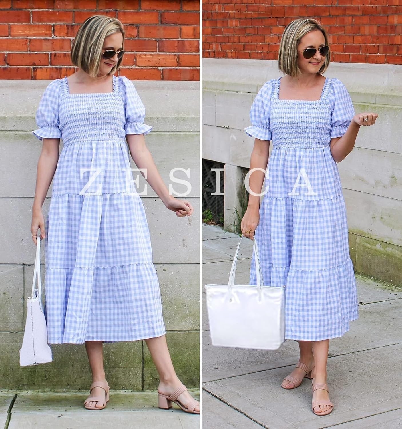 image:imageZESICA Womens Summer Boho Gingham Puff Sleeve Square Neck Beach Midi Dress 2026 Casual Bohemian Flowy Swing A Line Vintage Baby Shower Cottagecore Maternity Plaid Tea Party DressesLightblue