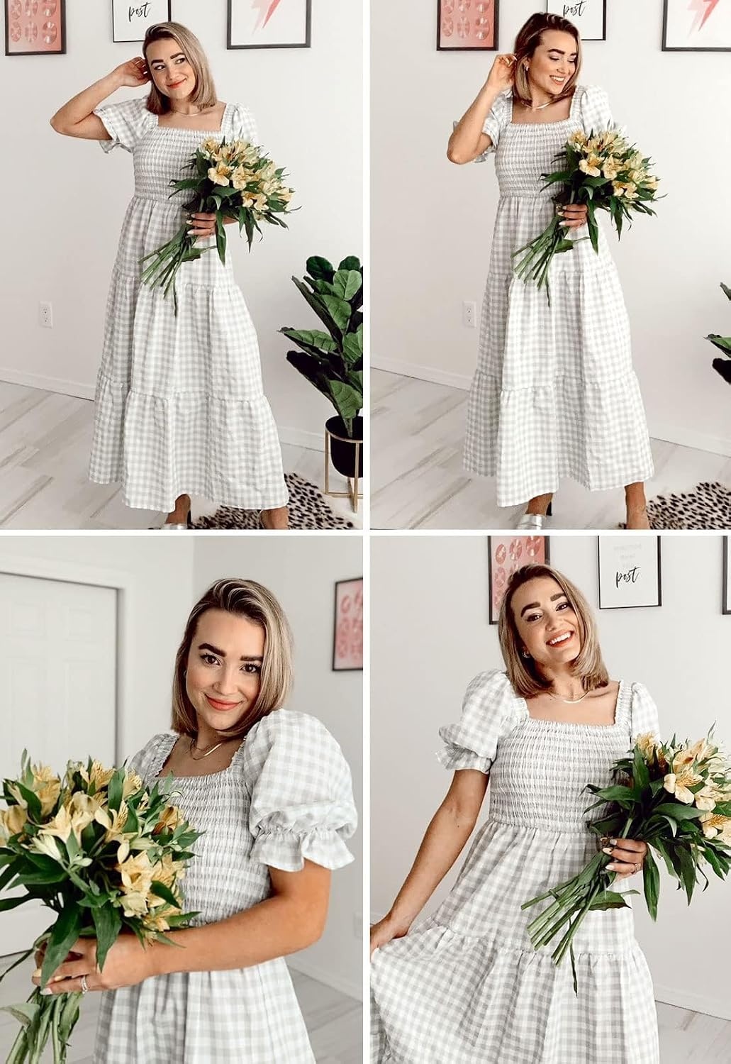 image:imageZESICA Womens Summer Boho Gingham Puff Sleeve Square Neck Beach Midi Dress  2026 Casual Bohemian Flowy Swing A Line Vintage Baby Shower Cottagecore Maternity Plaid Tea Party DressesGrey