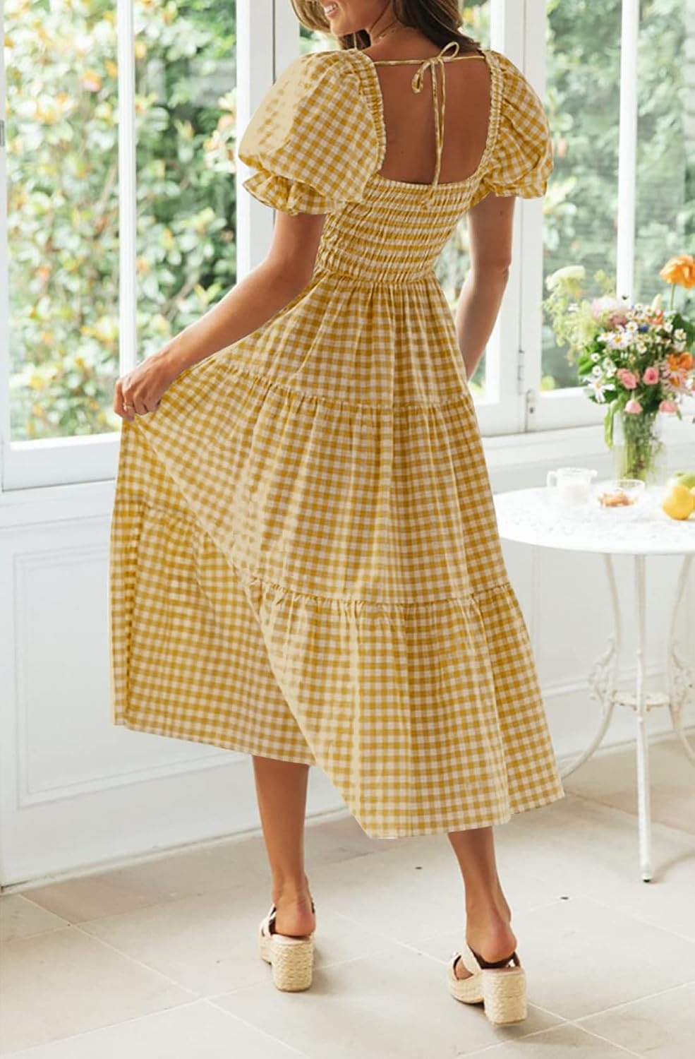 image:imageZESICA Womens Summer Boho Gingham Puff Sleeve Square Neck Beach Midi Dress  2026 Casual Bohemian Flowy Swing A Line Vintage Baby Shower Cottagecore Maternity Plaid Tea Party DressesGinger