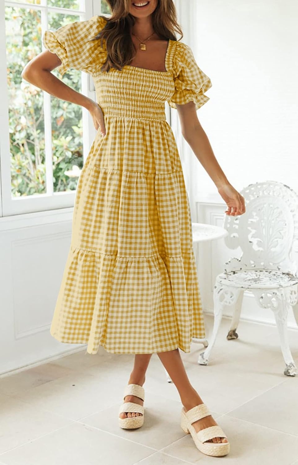 image:imageZESICA Womens Summer Boho Gingham Puff Sleeve Square Neck Beach Midi Dress  2026 Casual Bohemian Flowy Swing A Line Vintage Baby Shower Cottagecore Maternity Plaid Tea Party DressesGinger