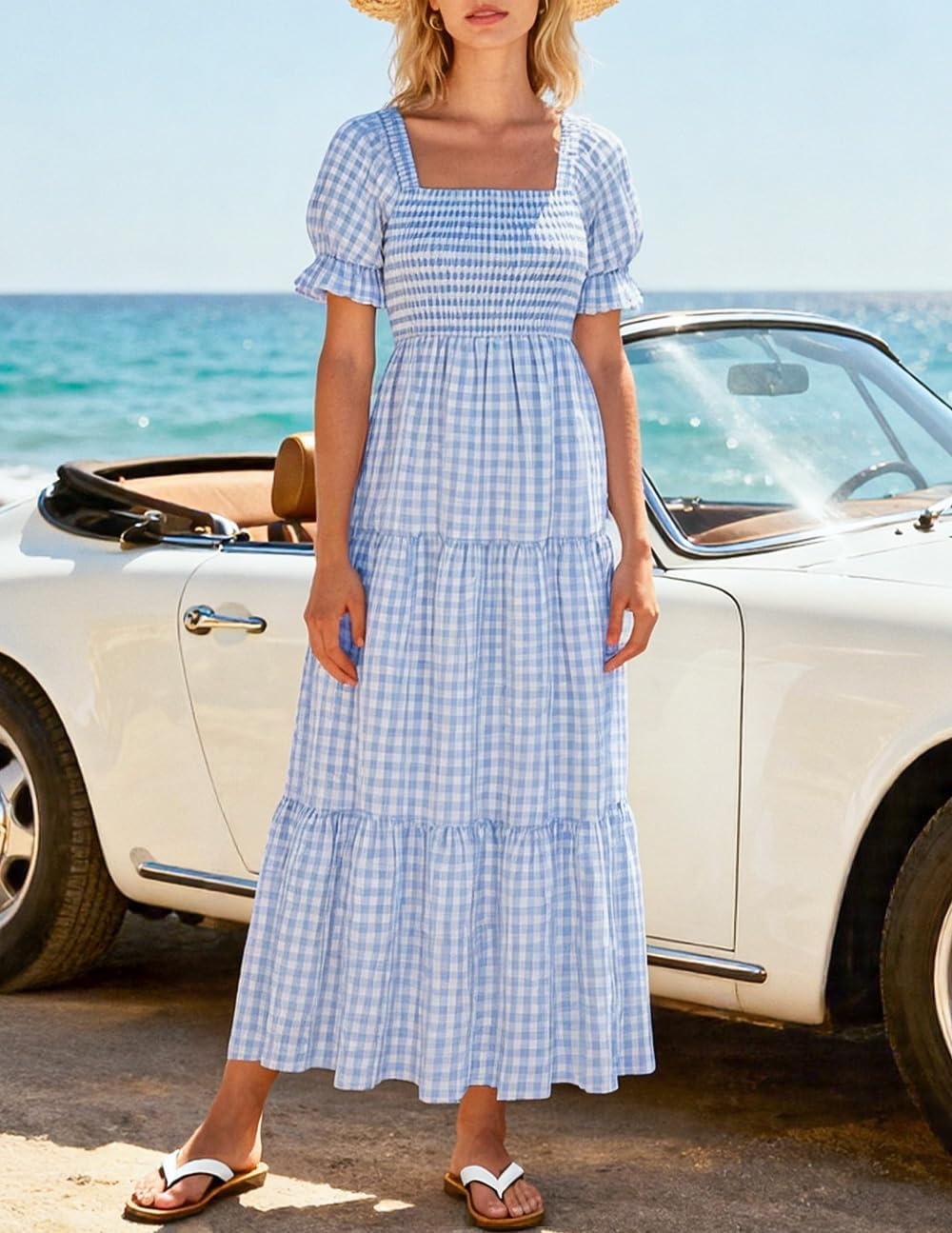 image:imageZESICA Womens Summer Boho Gingham Puff Sleeve Square Neck Beach Midi Dress 2026 Casual Bohemian Flowy Swing A Line Vintage Baby Shower Cottagecore Maternity Plaid Tea Party DressesLightblue