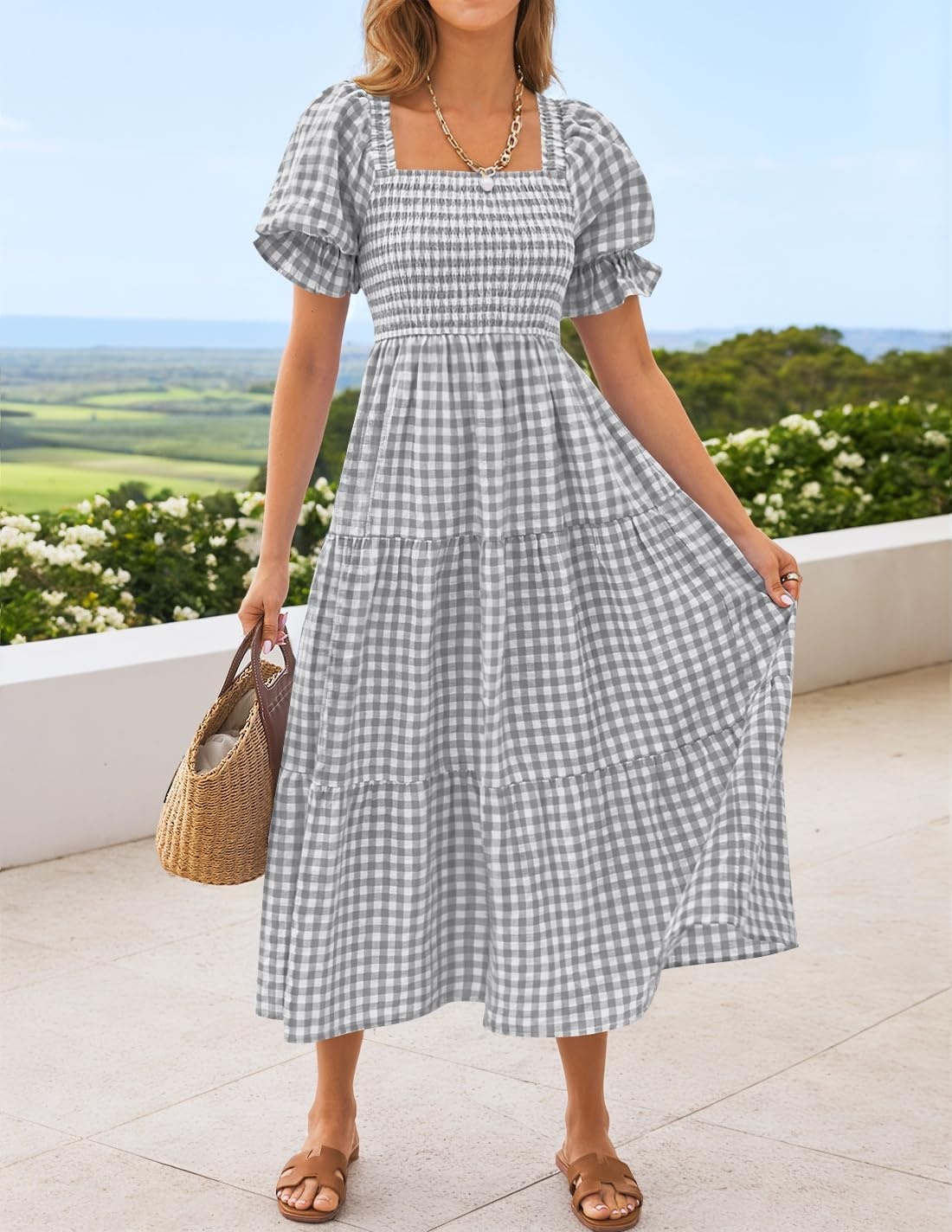 image:imageZESICA Womens Summer Boho Gingham Puff Sleeve Square Neck Beach Midi Dress  2026 Casual Bohemian Flowy Swing A Line Vintage Baby Shower Cottagecore Maternity Plaid Tea Party DressesGrey