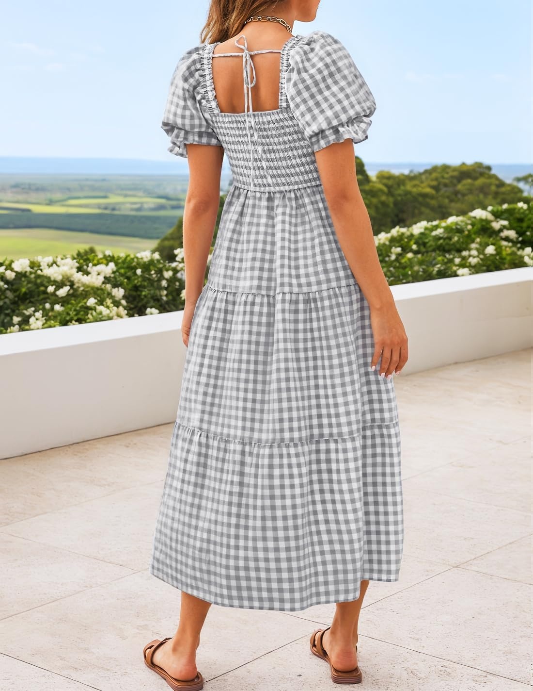 image:imageZESICA Womens Summer Boho Gingham Puff Sleeve Square Neck Beach Midi Dress  2026 Casual Bohemian Flowy Swing A Line Vintage Baby Shower Cottagecore Maternity Plaid Tea Party DressesGrey