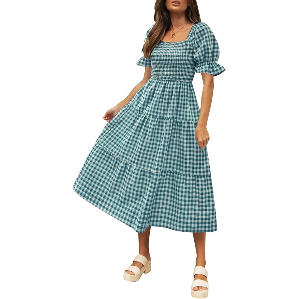 image:imageZESICA Womens Summer Boho Gingham Puff Sleeve Square Neck Beach Midi Dress 2026 Casual Bohemian Flowy Swing A Line Vintage Baby Shower Cottagecore Maternity Plaid Tea Party DressesTeal