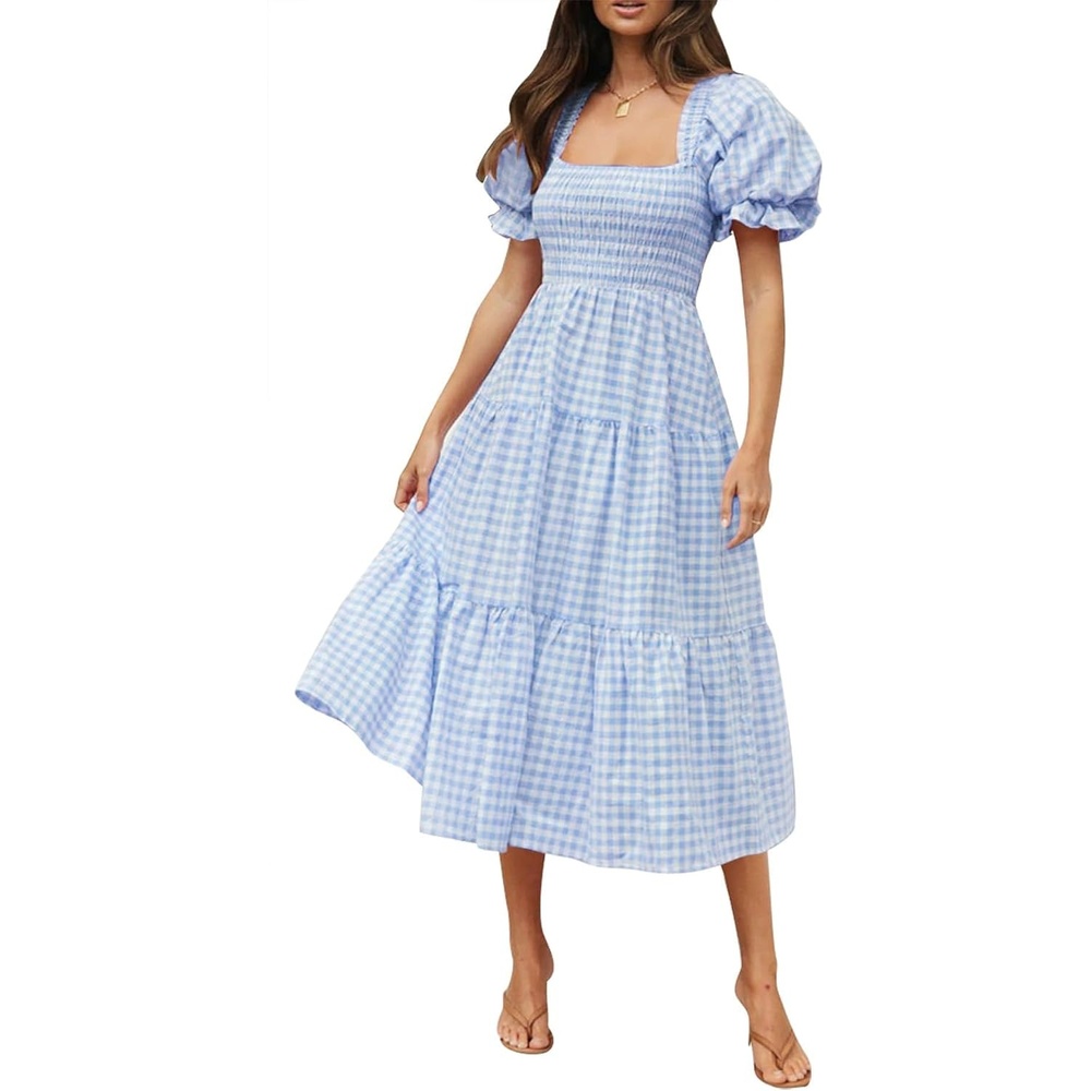image:imageZESICA Womens Summer Boho Gingham Puff Sleeve Square Neck Beach Midi Dress 2026 Casual Bohemian Flowy Swing A Line Vintage Baby Shower Cottagecore Maternity Plaid Tea Party DressesLightblue