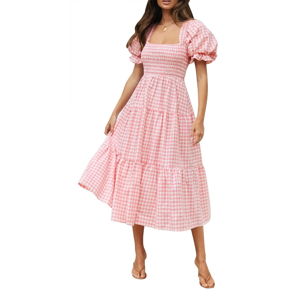 image:imageZESICA Womens Summer Boho Gingham Puff Sleeve Square Neck Beach Midi Dress 2026 Casual Bohemian Flowy Swing A Line Vintage Baby Shower Cottagecore Maternity Plaid Tea Party DressesPink