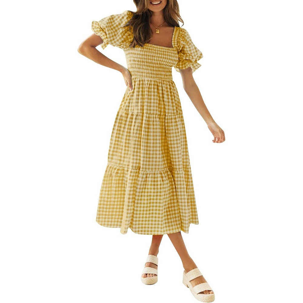 image:imageZESICA Womens Summer Boho Gingham Puff Sleeve Square Neck Beach Midi Dress 2026 Casual Bohemian Flowy Swing A Line Vintage Baby Shower Cottagecore Maternity Plaid Tea Party DressesGinger