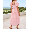 ZESICA Women’s Summer Boho Gingham Puff Sleeve Square Neck Beach Midi Dress | 2026 Casual Bohemian Flowy, Swing A Line, Vintage, Baby Shower Cottagecore Maternity Plaid Tea Party Dresses(Pink)