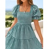 ZESICA Women’s Summer Boho Gingham Puff Sleeve Square Neck Beach Midi Dress | 2026 Casual Bohemian Flowy, Swing A Line, Vintage, Baby Shower Cottagecore Maternity Plaid Tea Party Dresses(Teal)