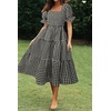 ZESICA Women’s Summer Boho Gingham Puff Sleeve Square Neck Beach Midi Dress | 2026 Casual Bohemian Flowy, Swing A Line, Vintage, Baby Shower Cottagecore Maternity Plaid Tea Party Dresses(Black)