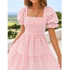 ZESICA Women’s Summer Boho Gingham Puff Sleeve Square Neck Beach Midi Dress | 2026 Casual Bohemian Flowy, Swing A Line, Vintage, Baby Shower Cottagecore Maternity Plaid Tea Party Dresses(Pink)