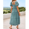 ZESICA Women’s Summer Boho Gingham Puff Sleeve Square Neck Beach Midi Dress | 2026 Casual Bohemian Flowy, Swing A Line, Vintage, Baby Shower Cottagecore Maternity Plaid Tea Party Dresses(Teal)