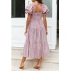ZESICA Women’s Summer Boho Gingham Puff Sleeve Square Neck Beach Midi Dress | 2026 Casual Bohemian Flowy, Swing A Line, Vintage, Baby Shower Cottagecore Maternity Plaid Tea Party Dresses(Taro)