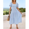 ZESICA Women’s Summer Boho Gingham Puff Sleeve Square Neck Beach Midi Dress | 2026 Casual Bohemian Flowy, Swing A Line, Vintage, Baby Shower Cottagecore Maternity Plaid Tea Party Dresses(Lightblue)