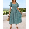 ZESICA Women’s Summer Boho Gingham Puff Sleeve Square Neck Beach Midi Dress | 2026 Casual Bohemian Flowy, Swing A Line, Vintage, Baby Shower Cottagecore Maternity Plaid Tea Party Dresses(Teal)