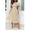 ZESICA Women’s Summer Boho Gingham Puff Sleeve Square Neck Beach Midi Dress | 2026 Casual Bohemian Flowy, Swing A Line, Vintage, Baby Shower Cottagecore Maternity Plaid Tea Party Dresses(Beige)
