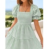 ZESICA Women’s Summer Boho Gingham Puff Sleeve Square Neck Beach Midi Dress | 2026 Casual Bohemian Flowy, Swing A Line, Vintage, Baby Shower Cottagecore Maternity Plaid Tea Party Dresses(Green)