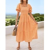 ZESICA Women’s Summer Boho Gingham Puff Sleeve Square Neck Beach Midi Dress | 2026 Casual Bohemian Flowy, Swing A Line, Vintage, Baby Shower Cottagecore Maternity Plaid Tea Party Dresses(Orange)