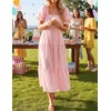 ZESICA Women’s Summer Boho Gingham Puff Sleeve Square Neck Beach Midi Dress | 2026 Casual Bohemian Flowy, Swing A Line, Vintage, Baby Shower Cottagecore Maternity Plaid Tea Party Dresses(Pink)