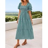 ZESICA Women’s Summer Boho Gingham Puff Sleeve Square Neck Beach Midi Dress | 2026 Casual Bohemian Flowy, Swing A Line, Vintage, Baby Shower Cottagecore Maternity Plaid Tea Party Dresses(Teal)