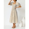ZESICA Women’s Summer Boho Gingham Puff Sleeve Square Neck Beach Midi Dress | 2026 Casual Bohemian Flowy, Swing A Line, Vintage, Baby Shower Cottagecore Maternity Plaid Tea Party Dresses(Beige)