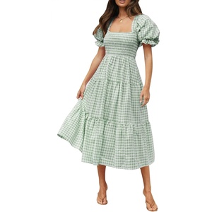 ZESICA Women’s Summer Boho Gingham Puff Sleeve Square Neck Beach Midi Dress | 2026 Casual Bohemian Flowy, Swing A Line, Vintage, Baby Shower Cottagecore Maternity Plaid Tea Party Dresses(Green)