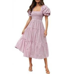 ZESICA Women’s Summer Boho Gingham Puff Sleeve Square Neck Beach Midi Dress | 2026 Casual Bohemian Flowy, Swing A Line, Vintage, Baby Shower Cottagecore Maternity Plaid Tea Party Dresses(Taro)