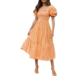 ZESICA Women’s Summer Boho Gingham Puff Sleeve Square Neck Beach Midi Dress | 2026 Casual Bohemian Flowy, Swing A Line, Vintage, Baby Shower Cottagecore Maternity Plaid Tea Party Dresses(Orange)