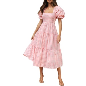 ZESICA Women’s Summer Boho Gingham Puff Sleeve Square Neck Beach Midi Dress | 2026 Casual Bohemian Flowy, Swing A Line, Vintage, Baby Shower Cottagecore Maternity Plaid Tea Party Dresses(Pink)