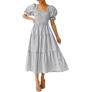 ZESICA Women’s Summer Boho Gingham Puff Sleeve Square Neck Beach Midi Dress | 2026 Casual Bohemian Flowy, Swing A Line, Vintage, Baby Shower Cottagecore Maternity Plaid Tea Party Dresses(Grey)