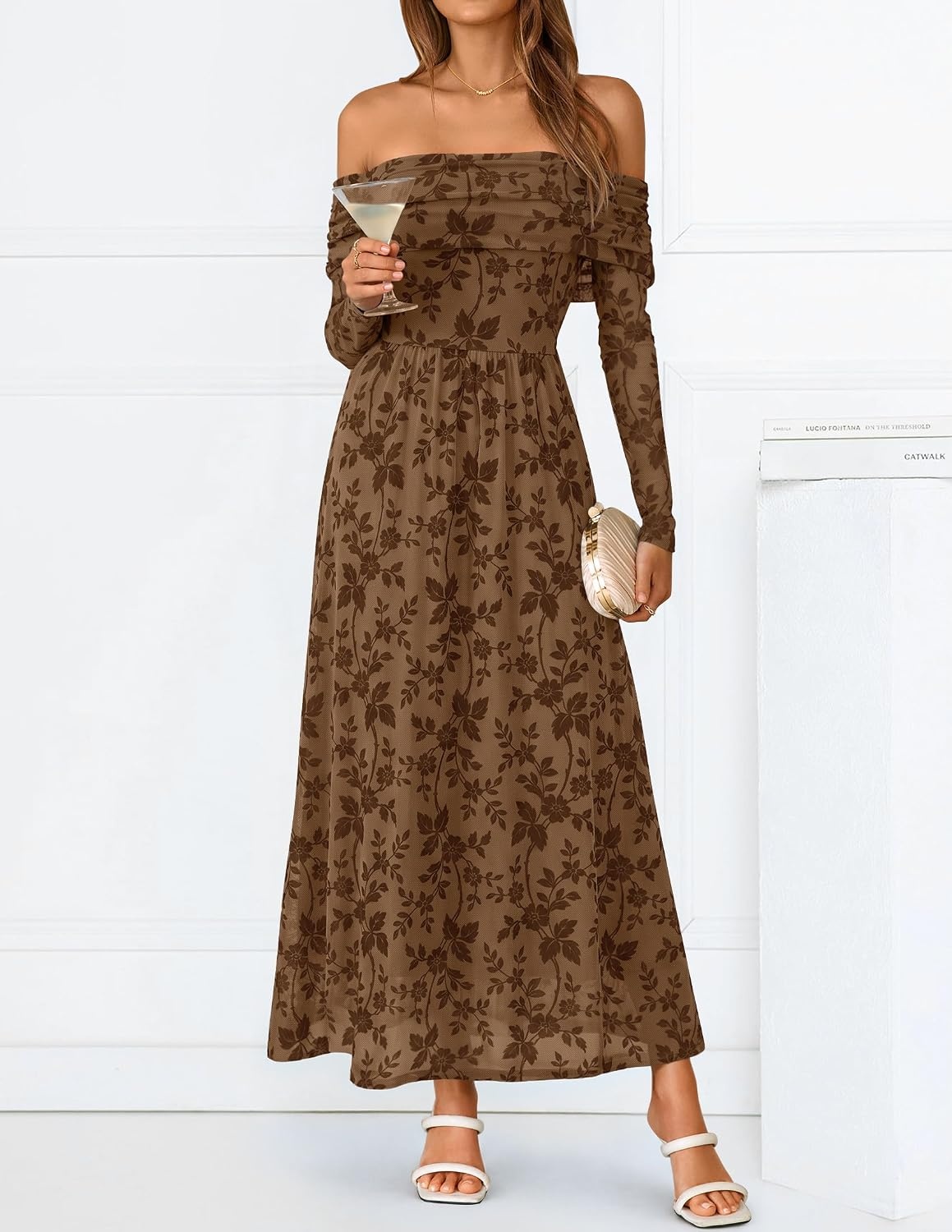 image:imageZESICA Womens 2026 Fall Floral Wedding Guest Off the Shoulder Maxi Dresses Long Sleeve Soft Mesh Fabric Lined A Line Flowy High Waisted Wedding Guest Cocktail Party Formal Elegant Long DressBrown