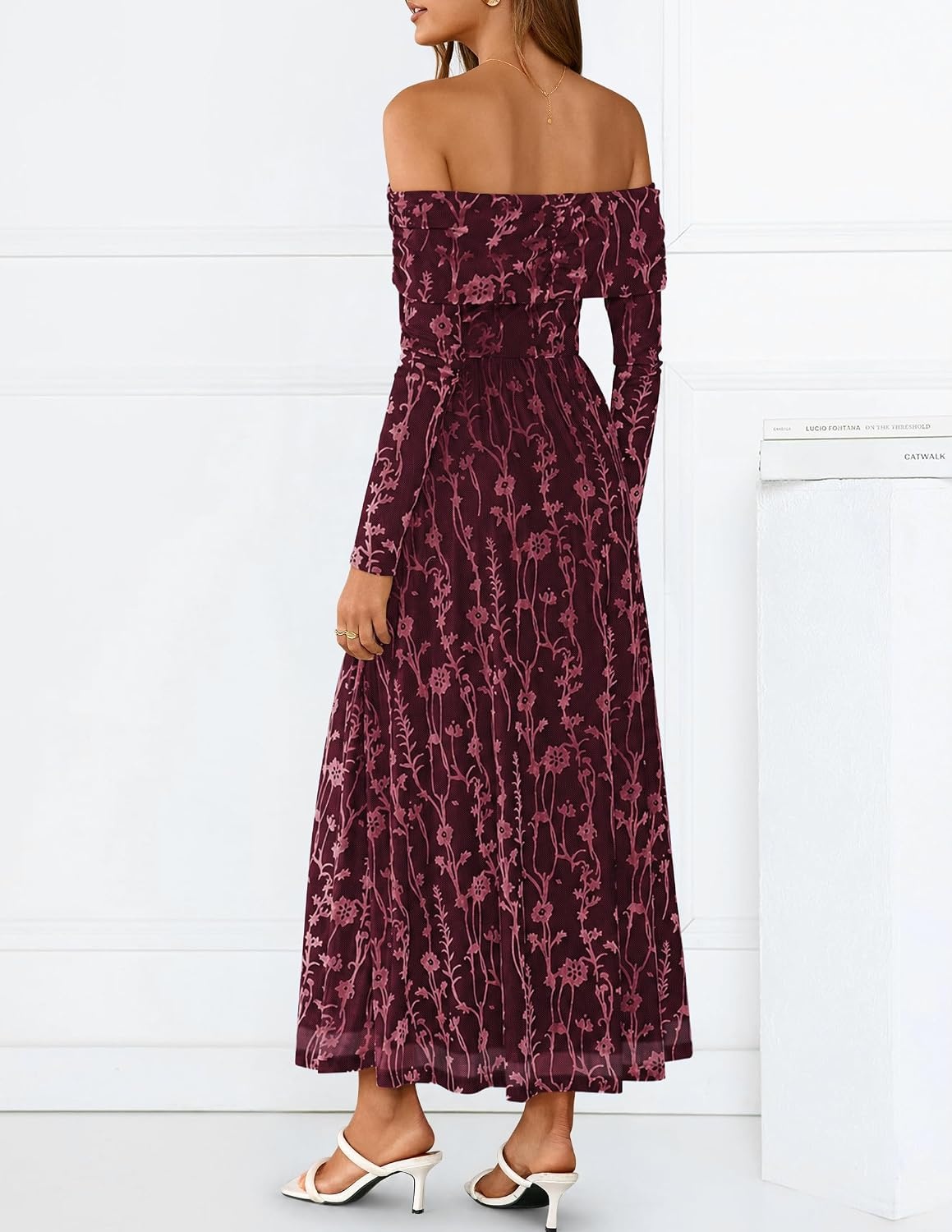 image:imageZESICA Womens 2026 Fall Floral Wedding Guest Off the Shoulder Maxi Dresses Long Sleeve Soft Mesh Fabric Lined A Line Flowy High Waisted Wedding Guest Cocktail Party Formal Elegant Long DressWine