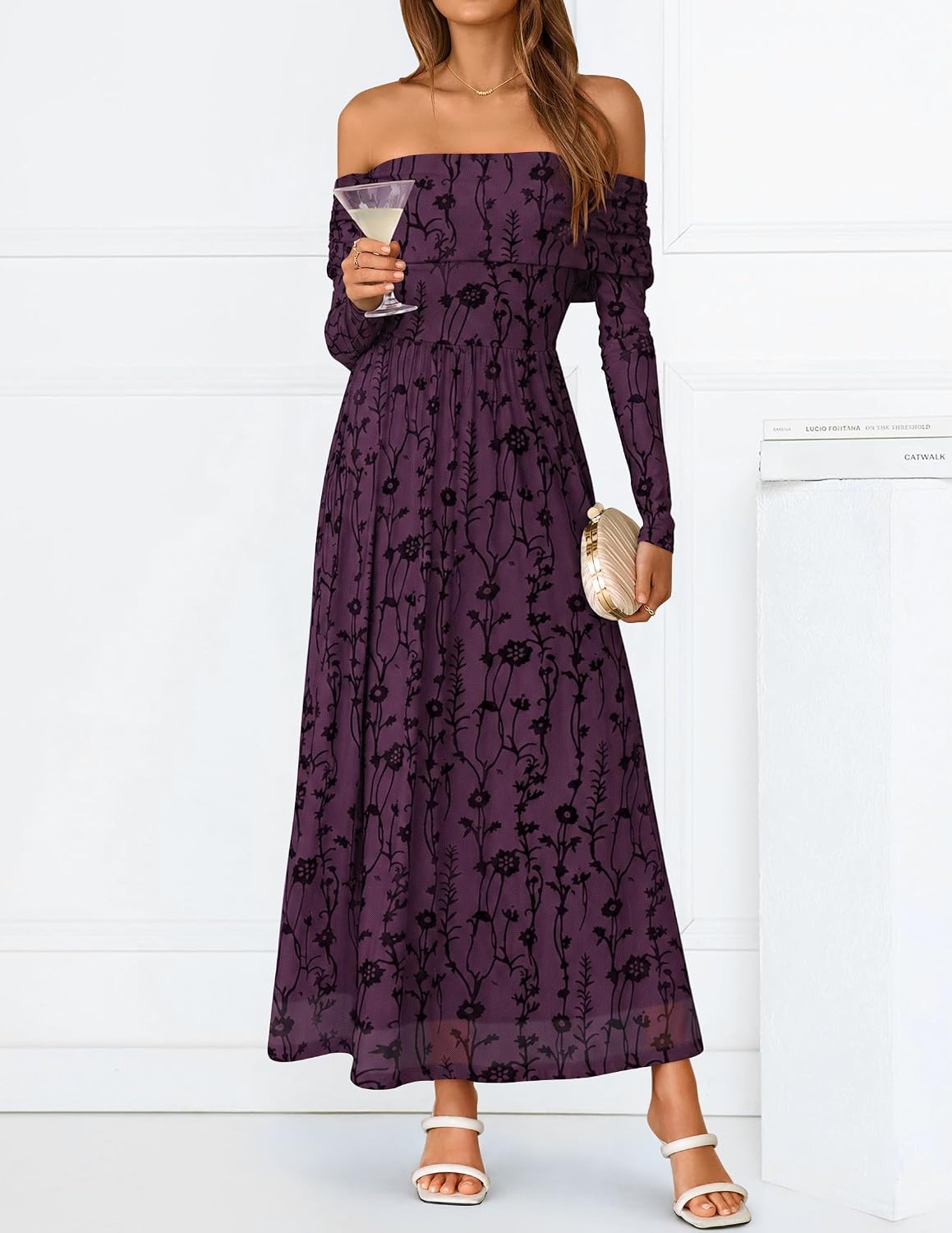 image:imageZESICA Womens 2026 Fall Floral Wedding Guest Off the Shoulder Maxi Dresses Long Sleeve Soft Mesh Fabric Lined A Line Flowy High Waisted Wedding Guest Cocktail Party Formal Elegant Long DressDarkpurple