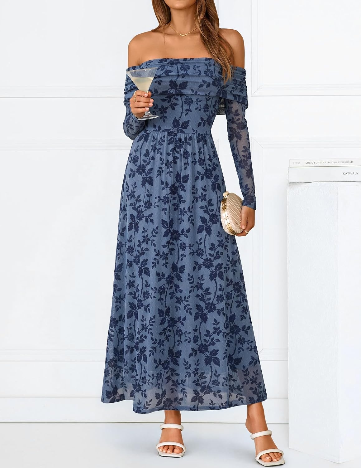 image:imageZESICA Womens 2026 Fall Floral Wedding Guest Off the Shoulder Maxi Dresses Long Sleeve Soft Mesh Fabric Lined A Line Flowy High Waisted Wedding Guest Cocktail Party Formal Elegant Long DressDustyblue