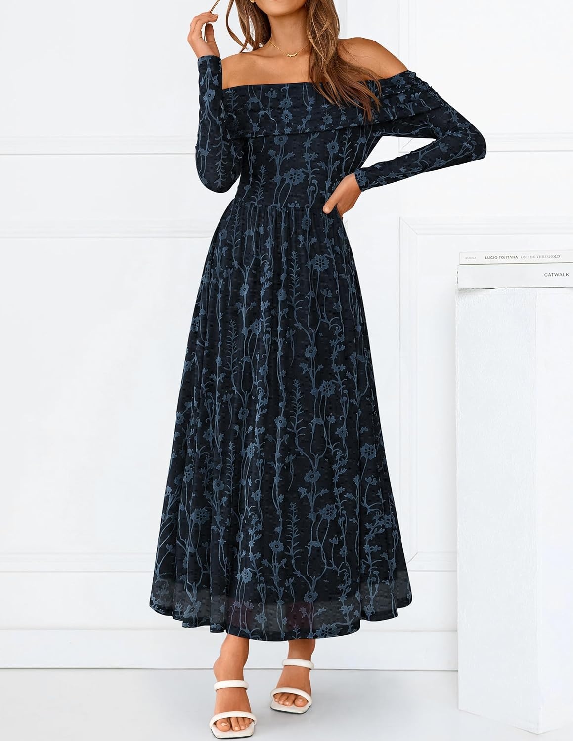 image:imageZESICA Womens 2026 Fall Floral Wedding Guest Off the Shoulder Maxi Dresses Long Sleeve Soft Mesh Fabric Lined A Line Flowy High Waisted Wedding Guest Cocktail Party Formal Elegant Long DressNavy