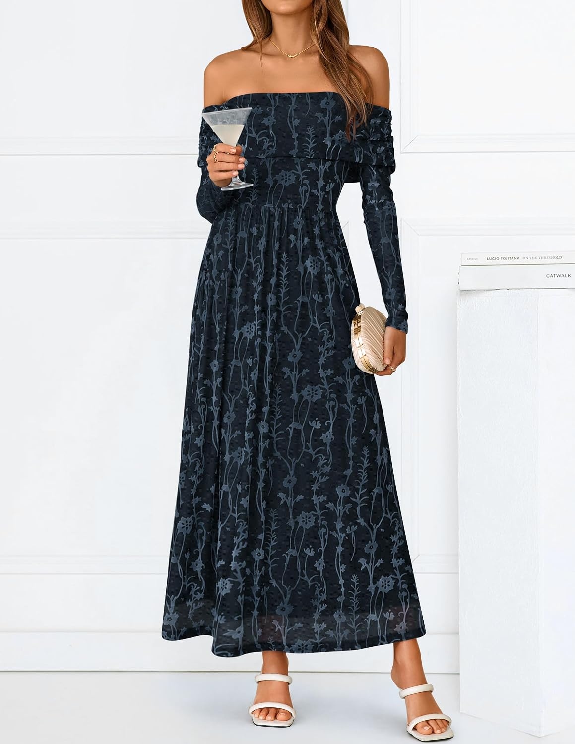 image:imageZESICA Womens 2026 Fall Floral Wedding Guest Off the Shoulder Maxi Dresses Long Sleeve Soft Mesh Fabric Lined A Line Flowy High Waisted Wedding Guest Cocktail Party Formal Elegant Long DressNavy