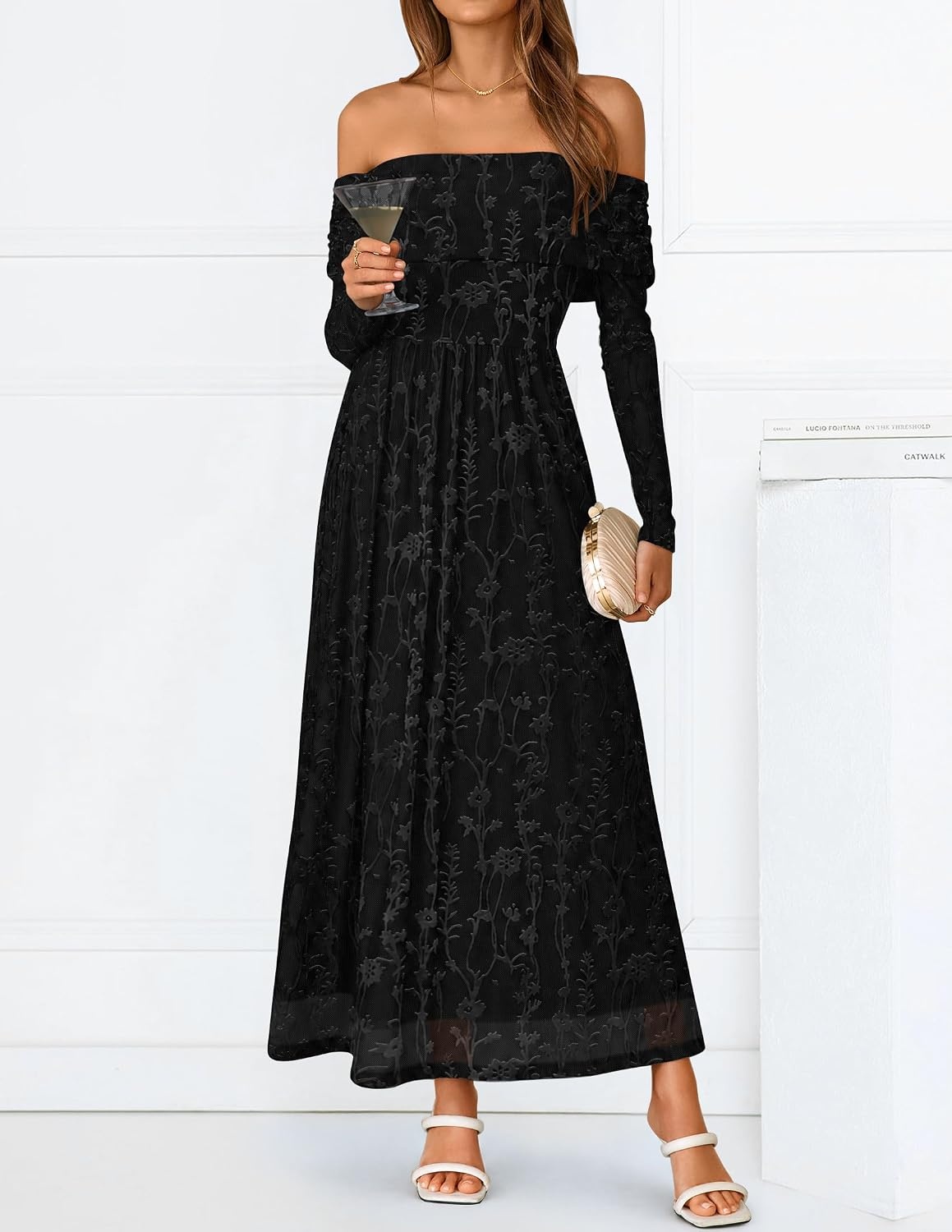 image:imageZESICA Womens 2026 Fall Floral Wedding Guest Off the Shoulder Maxi Dresses Long Sleeve Soft Mesh Fabric Lined A Line Flowy High Waisted Wedding Guest Cocktail Party Formal Elegant Long DressBlack