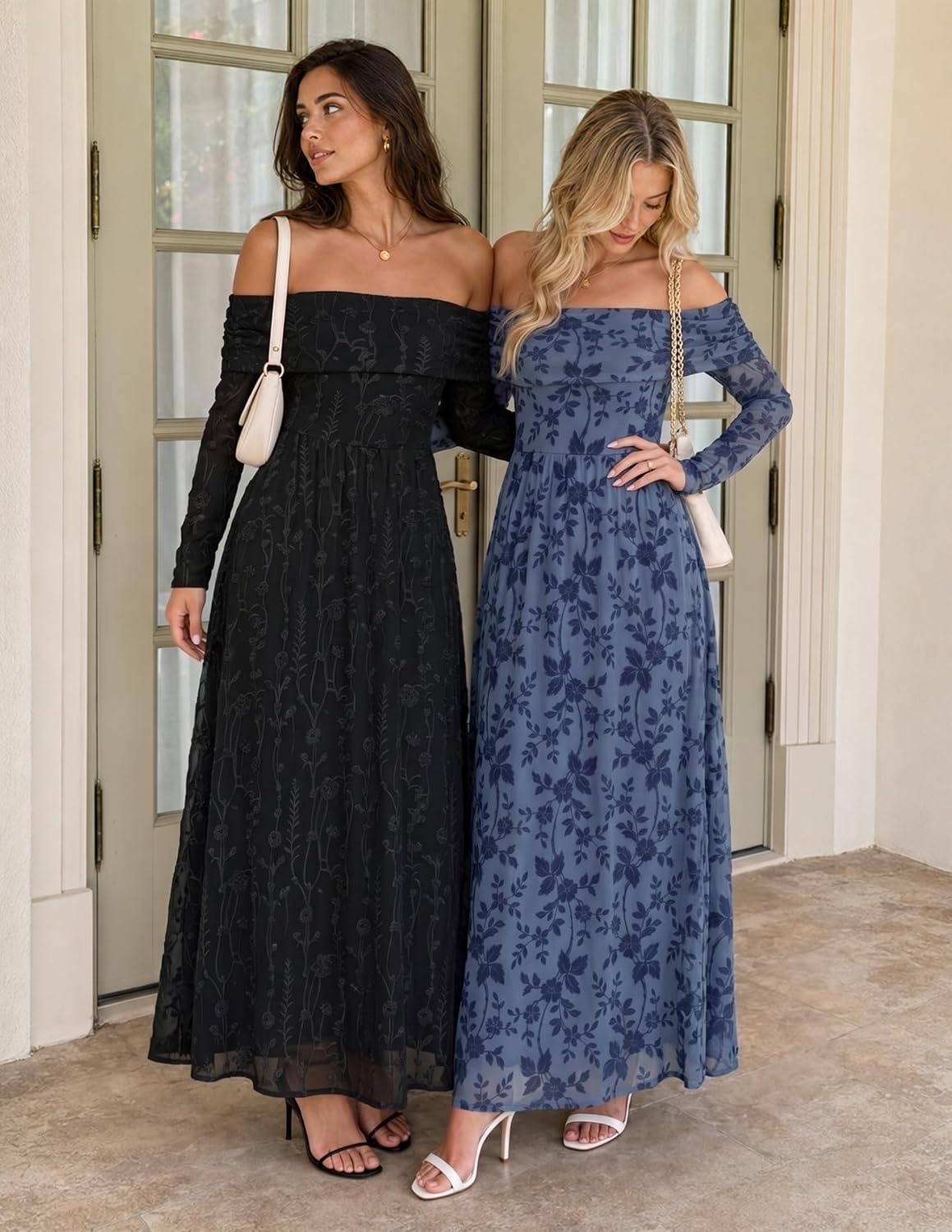 image:imageZESICA Womens 2026 Fall Floral Wedding Guest Off the Shoulder Maxi Dresses Long Sleeve Soft Mesh Fabric Lined A Line Flowy High Waisted Wedding Guest Cocktail Party Formal Elegant Long DressBlack